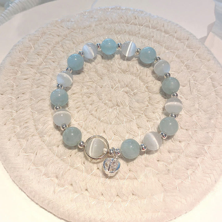 Aquamarin Katze Armband 925 Silber Perlen Naturstein elastisch Display