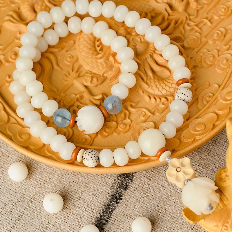 Armband Weiße Jade Bodhi Lotus Segen elastisch Naturstein geschmückt