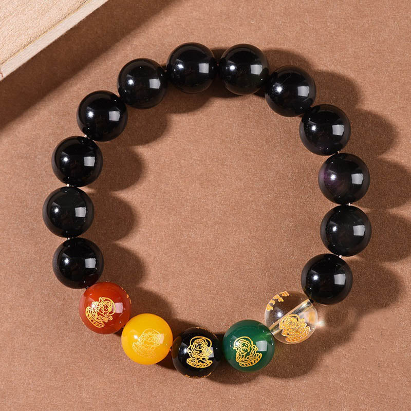 Armband Schwarzer Obsidian mit Pixiu Wohlstand Perlen elastisch