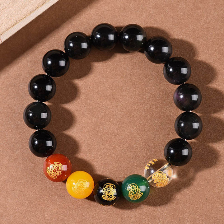 Armband Schwarzer Obsidian mit Pixiu Wohlstand Perlen elastisch