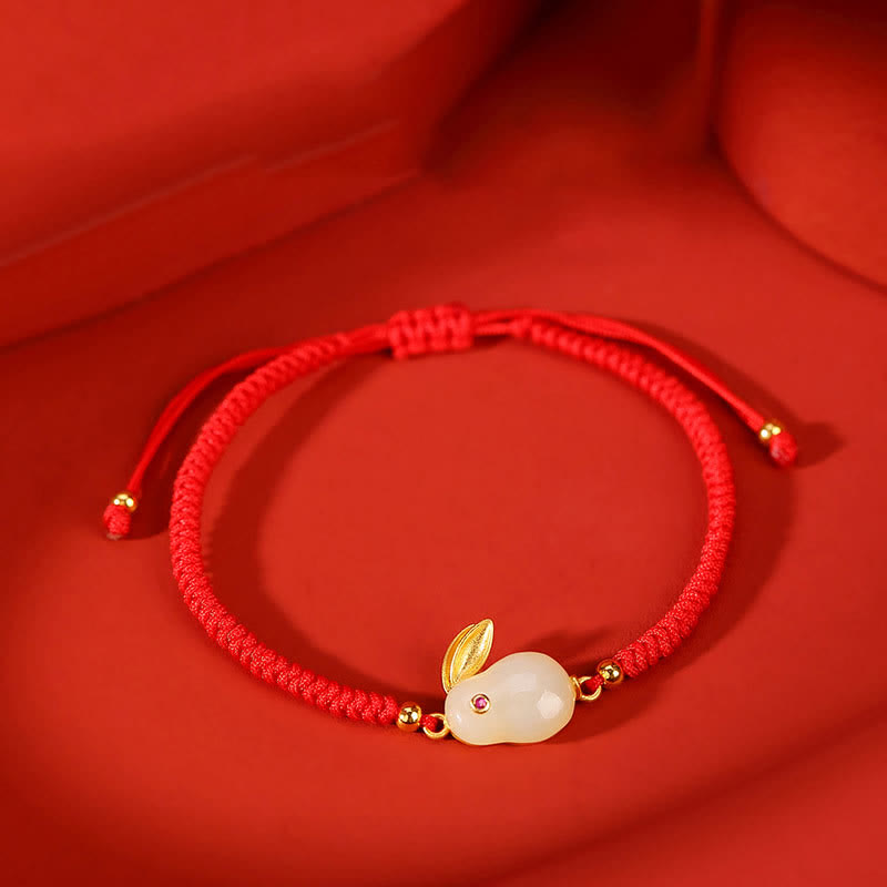 Armband Jade Hase 925 Silber Rot Schnur