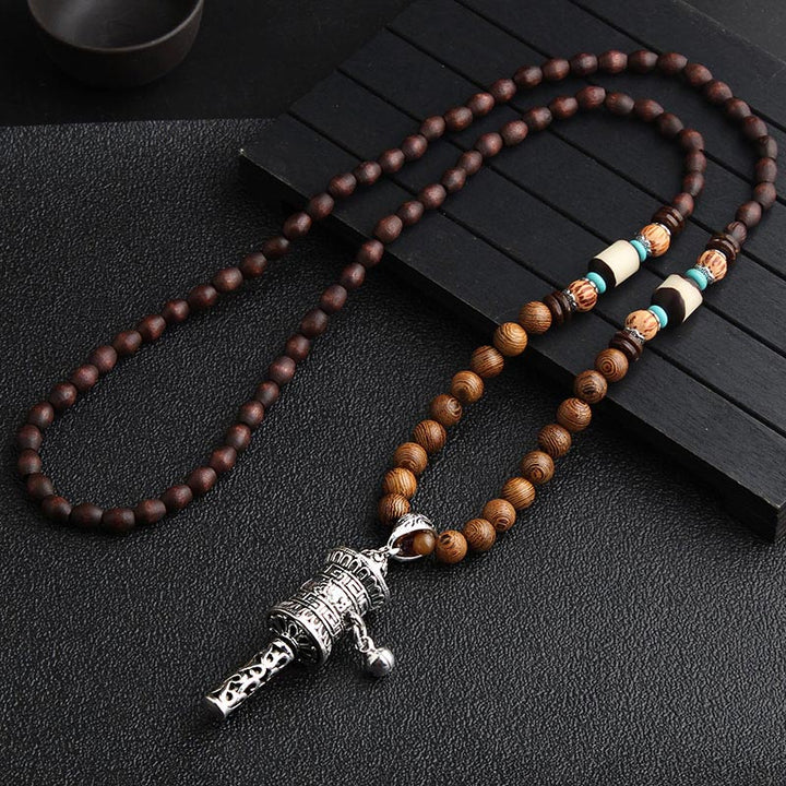 Holzperlen Kette Türkis Dzi Rad Silber Anhänger Buddhismus Schmuck