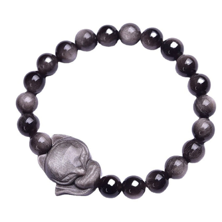Obsidian Armband Silber Fuchs schwarze Perlen Schutz Naturstein elastisch