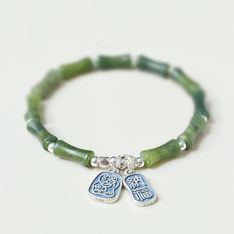 Grünes Jade Armband 925 Silber mit Fu-Zeichen Glück Fülle Anhänger