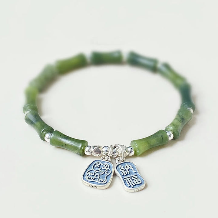Grünes Jade Armband 925 Silber mit Fu-Zeichen Glück Fülle Anhänger