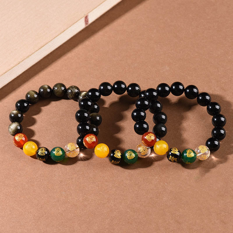 Armband Schwarzer Obsidian – Wohlstand mit bunten Steinen elastisch