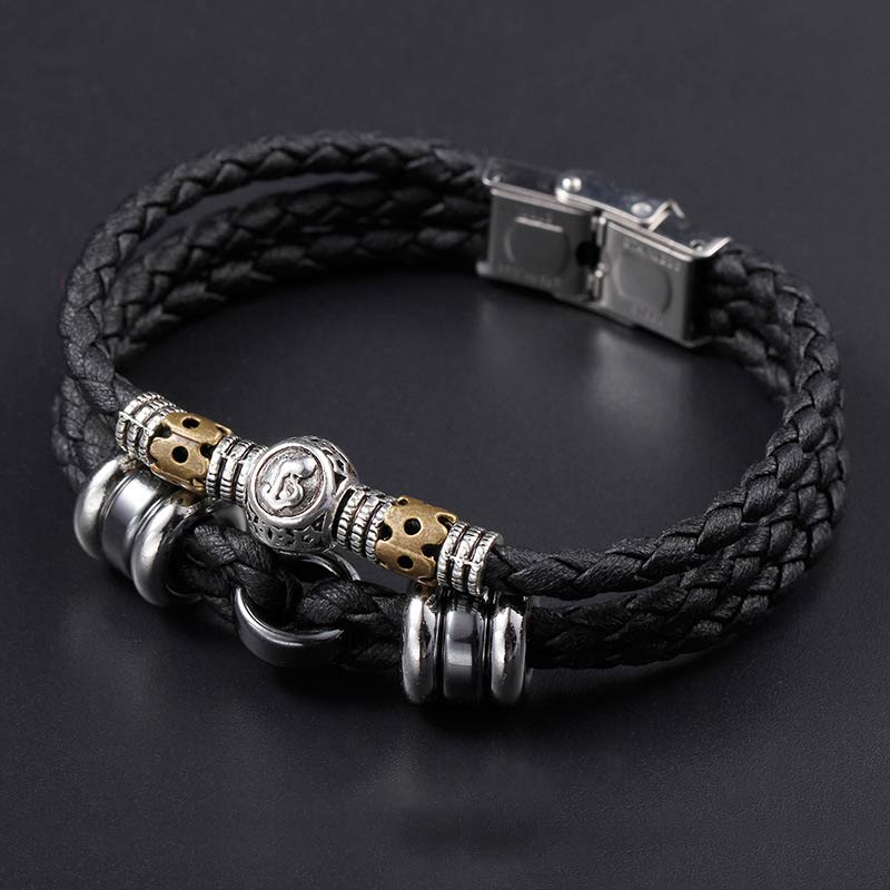 Schwarzes Leder-Armband mit Hämatit und Silber-Charms Tierkreiszeichen Schutz