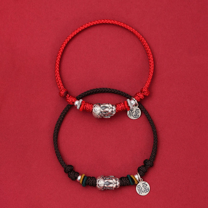 Rotes und schwarzes Armband 925 Silber Fu-Zeichen Glück Wohlstand elegant