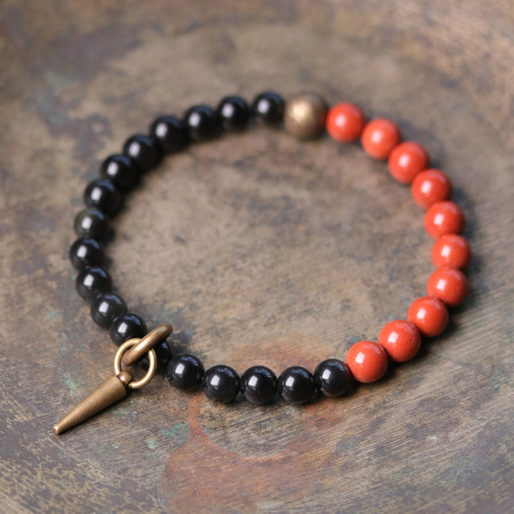 Armband Schwarzer Obsidian Kristall Paar mit roten Korallenstein Perlen