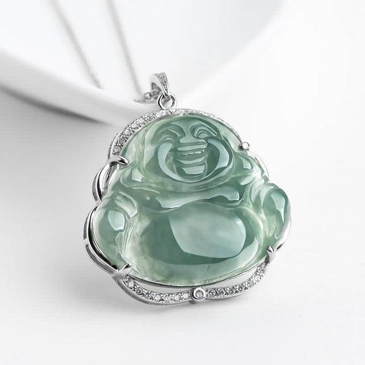 Anhänger Kette Jade Lachender Buddha Natur Glück Silber