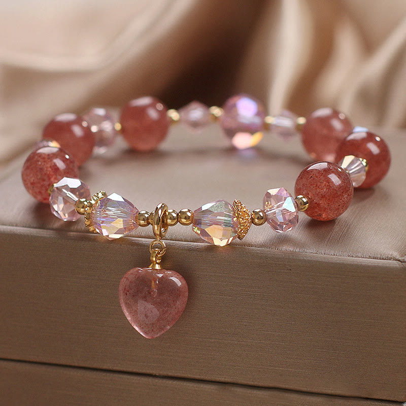Armband Erdbeerquarz Kristall rosé Perlen Herzanhänger Heilung Liebe elegant