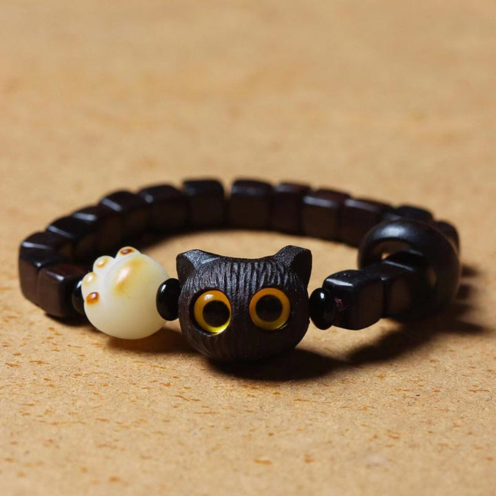 Armband mit schwarzer Katze und weißer Perle, Ebenholz Bodhi Beads elastisch