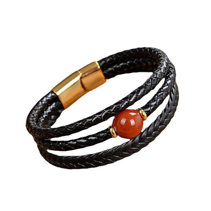 Armband Tigerauge Amethyst Balance Energie Leder geflochten Goldverschluss Karneol Perle