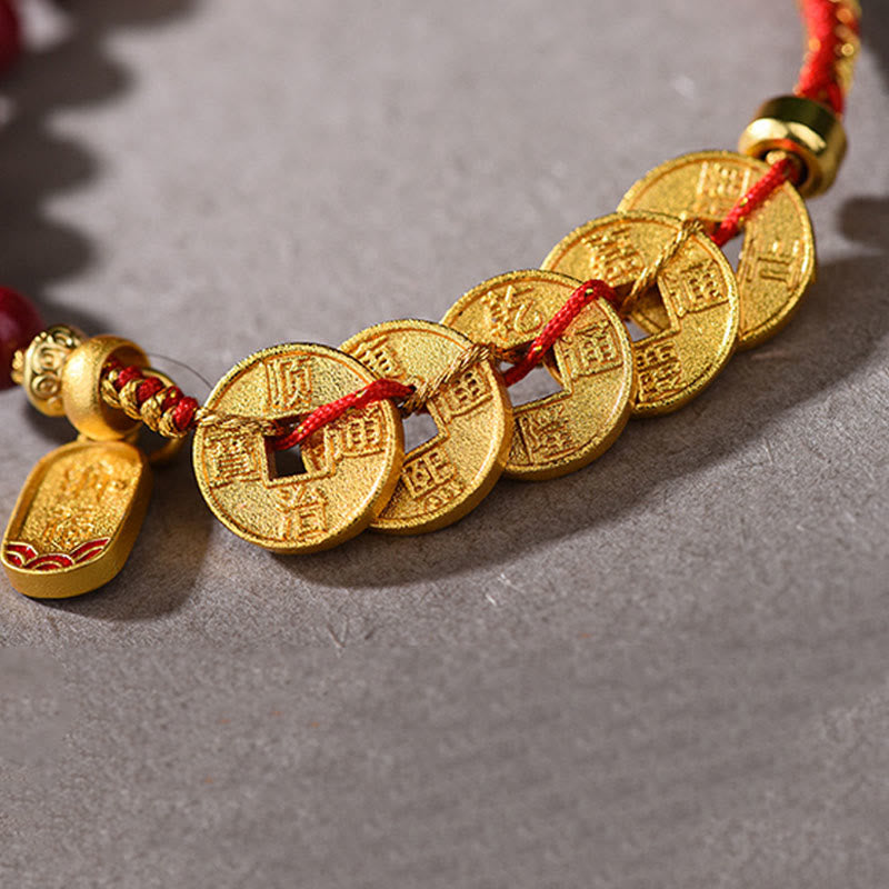 Armband Amethyst Zinnober Balance Glück mit goldenen Münzen rotem Faden