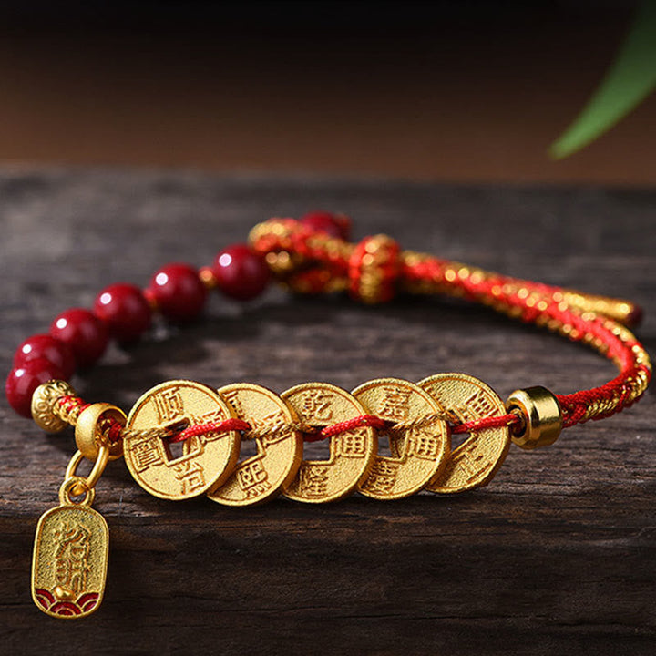 Armband Amethyst Zinnober Balance Glück fünf Kaiser Münzen rote Perlen
