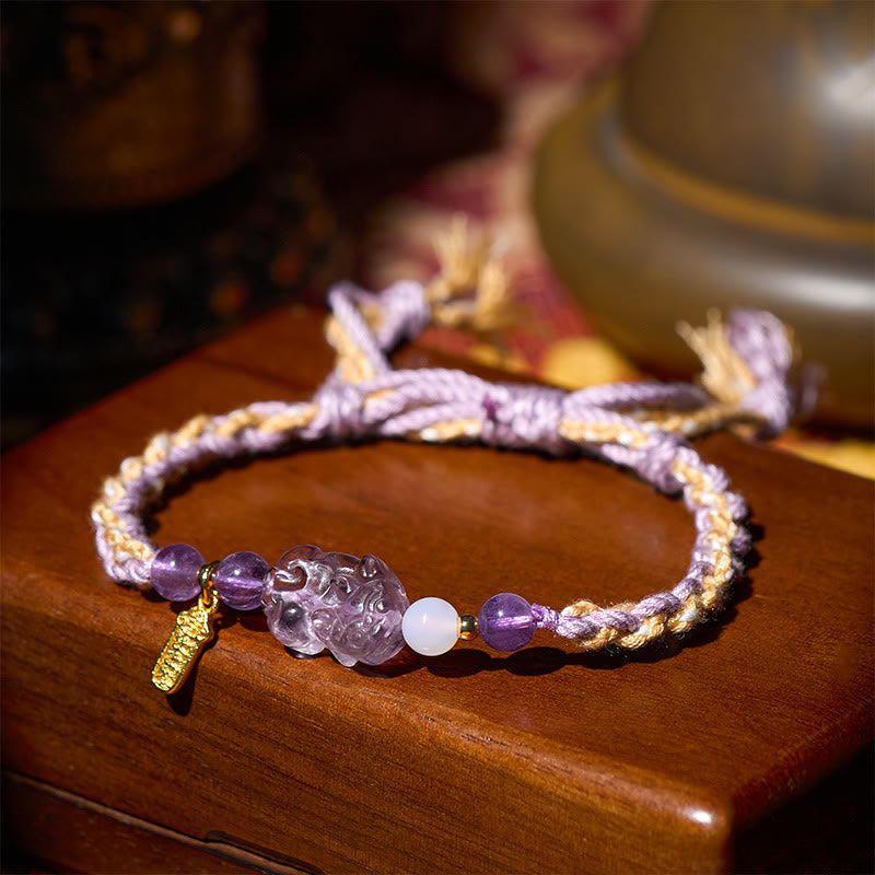 Armband Amethyst Pixiu Glück Balance geflochten lila Holzbox Fengshui Schmuck