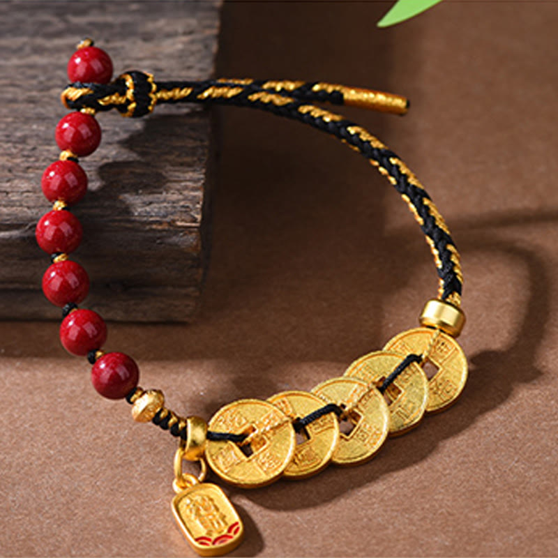 Armband Amethyst Zinnober Balance Glück mit goldenen Münzen roten Perlen