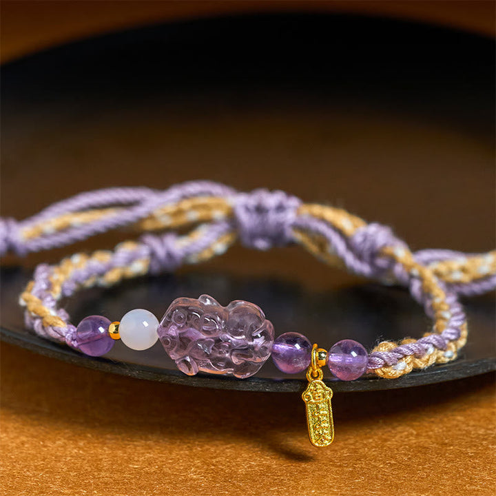 Armband Amethyst Pixiu Glück Balance geflochten lila Goldanhänger Fengshui