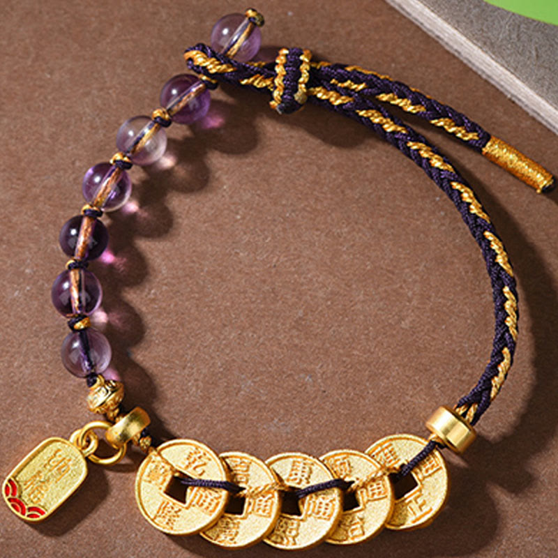 Armband Amethyst Zinnober Balance Glück fünf Kaiser Münzen geflochten violett