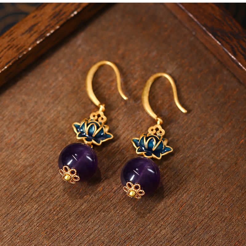 Ohrringe Amethyst Lotus Erleuchtung goldene Ohrhänger Boho spiritueller Schmuck