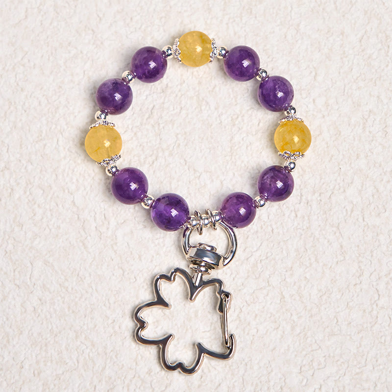 Schlüsselanhänger Amethyst Citrin – Positivität Kleeblatt Silber Glücksbringer spirituell
