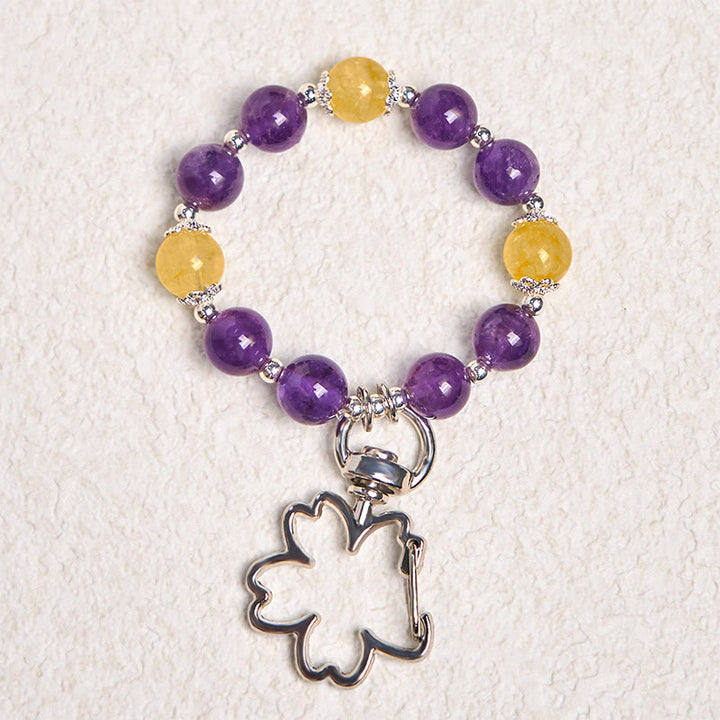 Schlüsselanhänger Amethyst Citrin – Positivität Kleeblatt Silber Glücksbringer spirituell