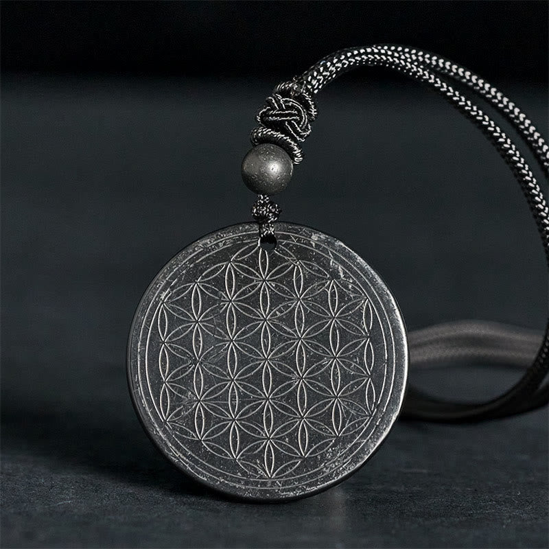 Anhänger Kette Shungit Blume Des Lebens – Schutz Flower of Life(Intaglio Carving)