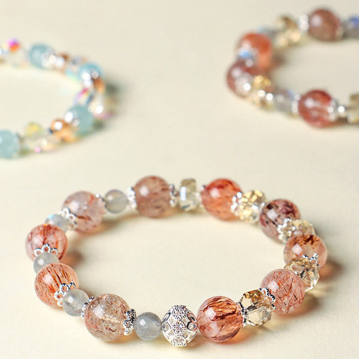 Armband Aquamarin Kristall – Frieden mit Erdbeerquarz Perlen Silber Schmuck