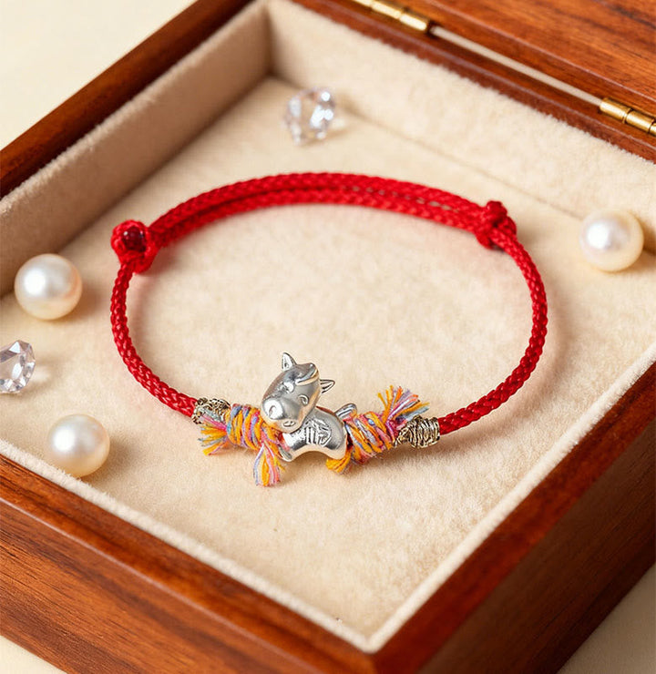 Armband 925 Silber Fu-Zeichen Jahr Des Pferdes Glück rote Schnur Schmuckbox