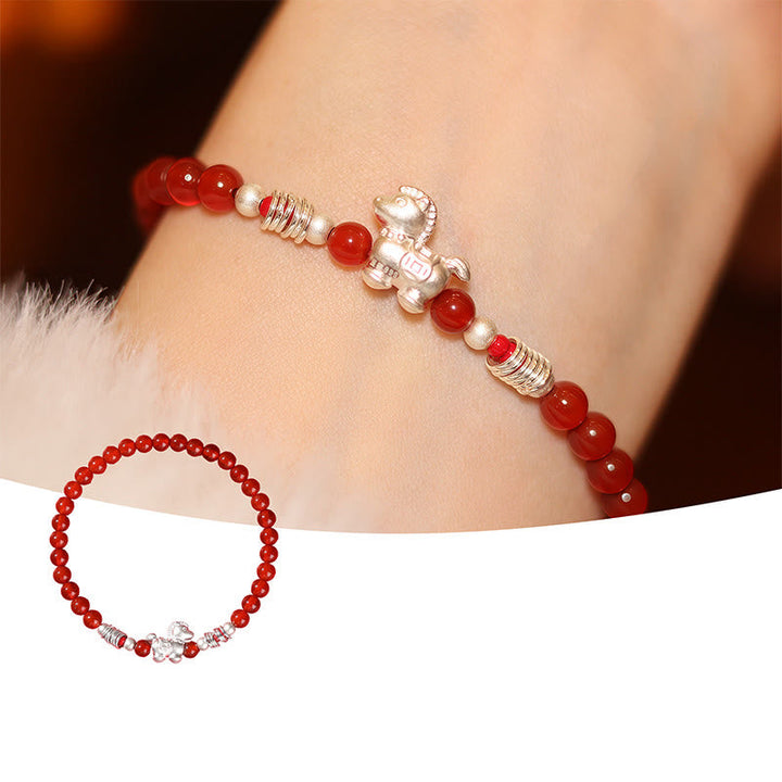 Armband 925 Silber Roter Achat – Ruhe 999 Sterling Silver Red Agate Horse(Wrist Circumference:14-16 cm)
