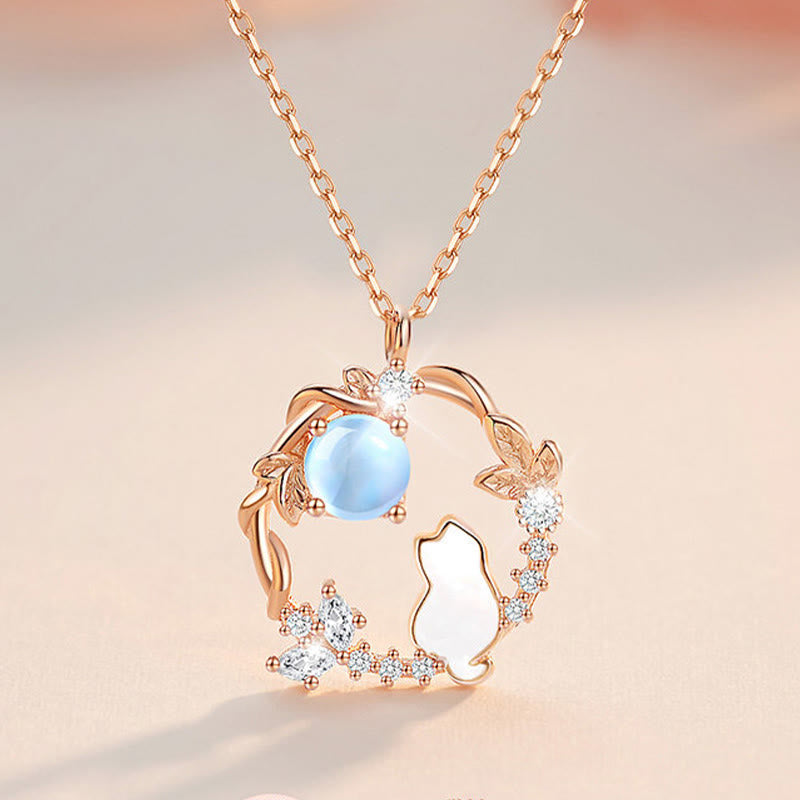 Halskette Rosegold mit Mondstein Katze Blumen Anhänger Segen Energie