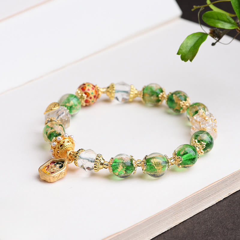 Grünes Armband 925 Silber Kupfer Glasperlen goldene Akzente Anhänger Handgelenk