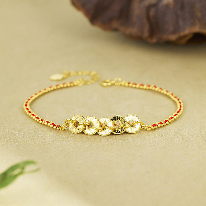 Armband 925 Silber – Balance Energie goldene Münzen rote Perlen Glück Reichtum