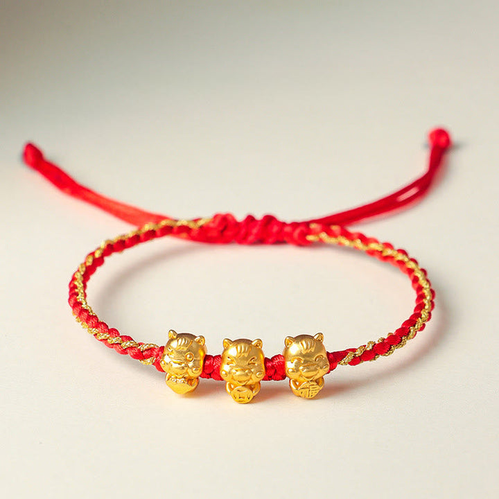 Armband 925 Silber Fu-Zeichen – Wohlstand rotes geflochtenes Band goldene Tiger Glück