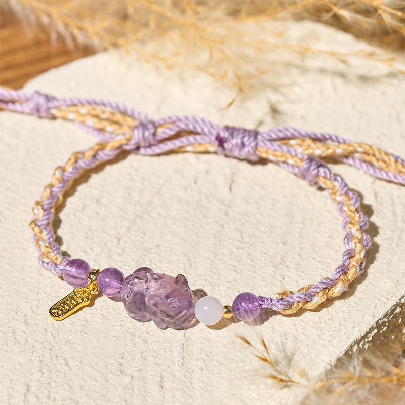 Armband Amethyst Pixiu geflochten lila gold mit Jade Perle Glück Balance