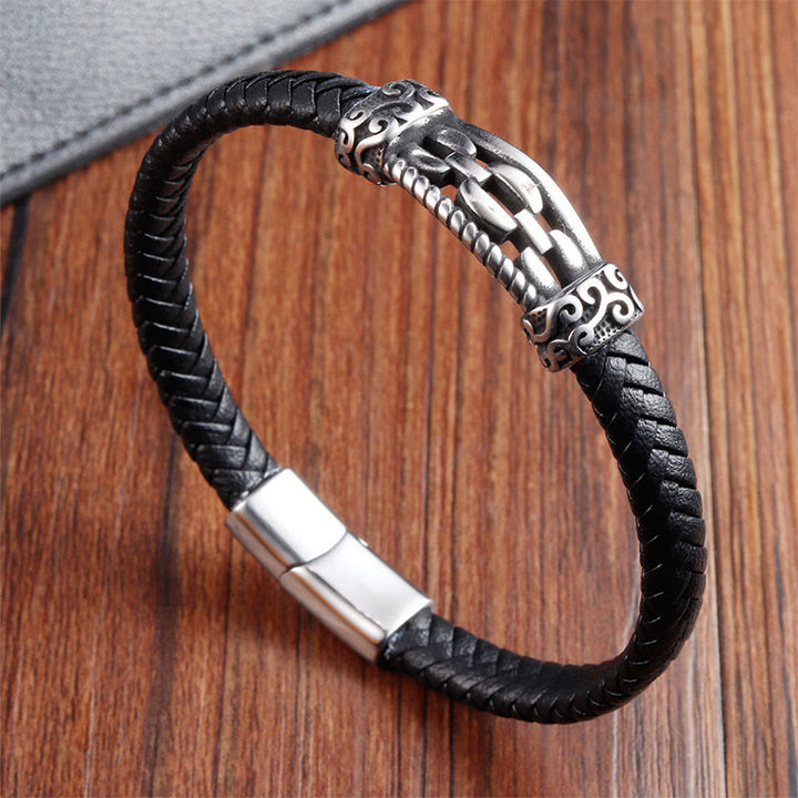 Schwarzes Leder Armband mit silbernen Drachenkopf-Ornamenten Balance