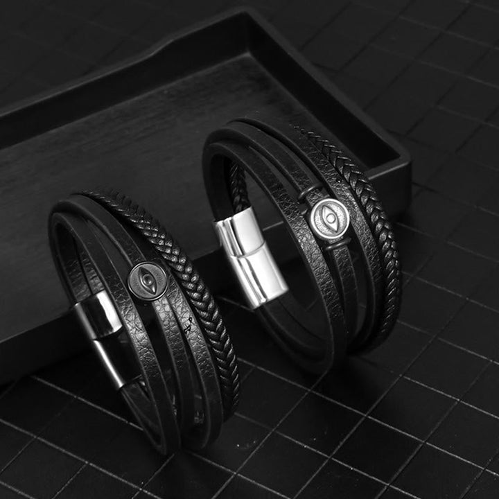Armband Böses Auge Balance Leder geflochten Edelstahl Schutz Männer Handgelenk