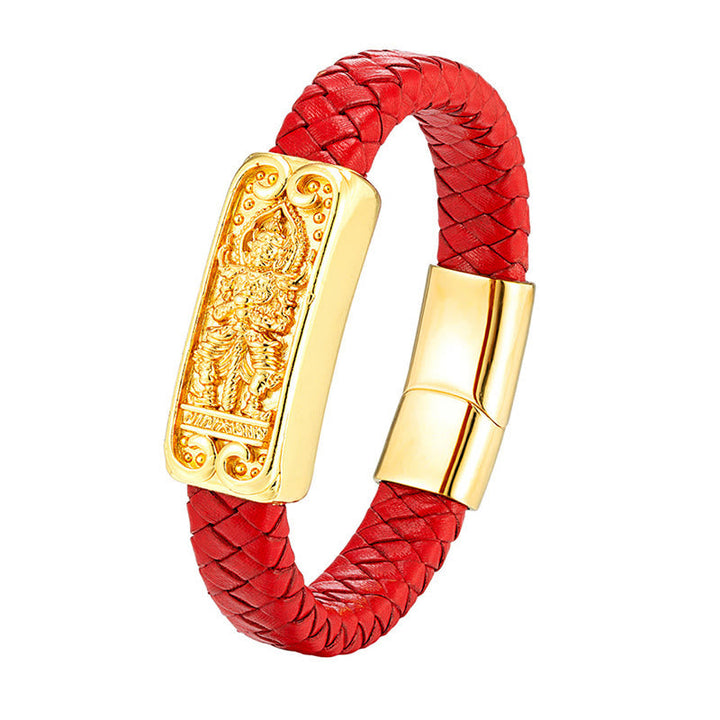 Armband Buddha Symbol Titanstahl Leder Stärken – Stärke Red(Wrist Circumference: 18-20cm)