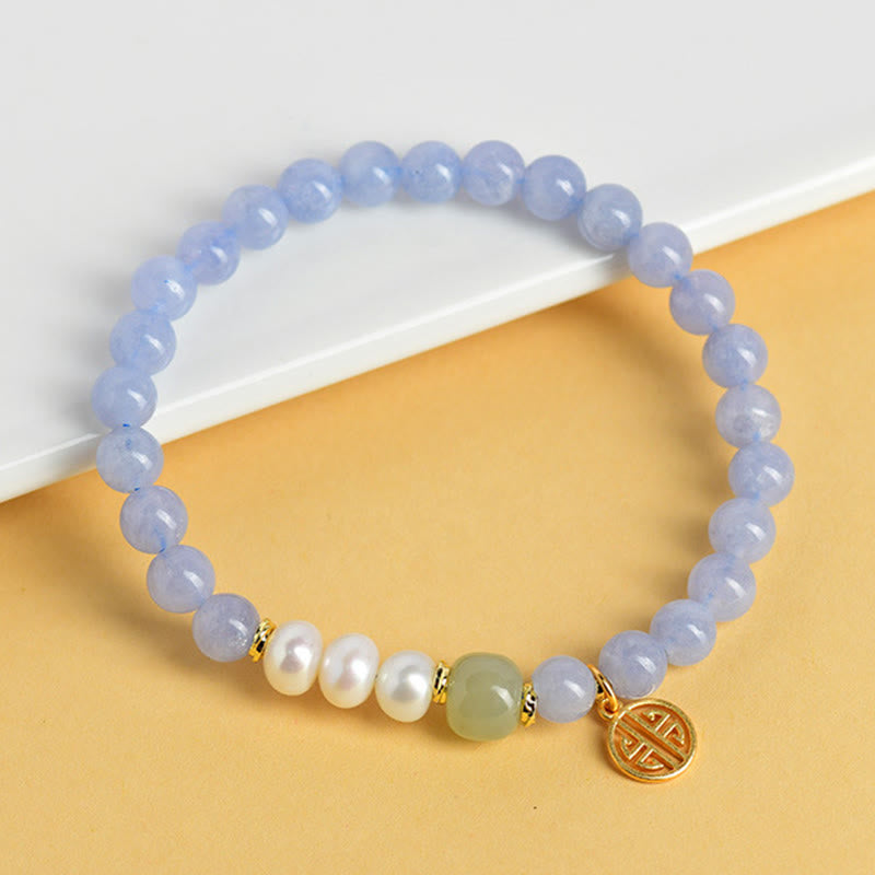 Armband Chalcedon Perle – Energie mit Jade Süßwasserperlen goldener Anhänger Handgelenk