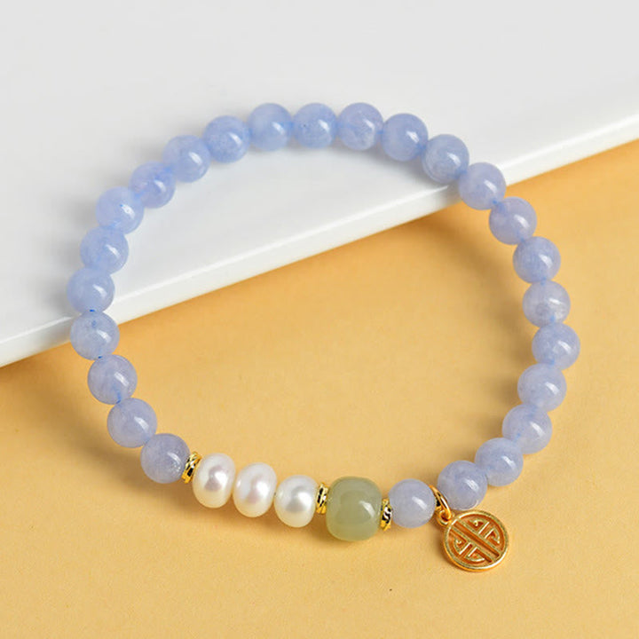 Armband Chalcedon Perle – Energie mit Jade Süßwasserperlen goldener Anhänger Handgelenk