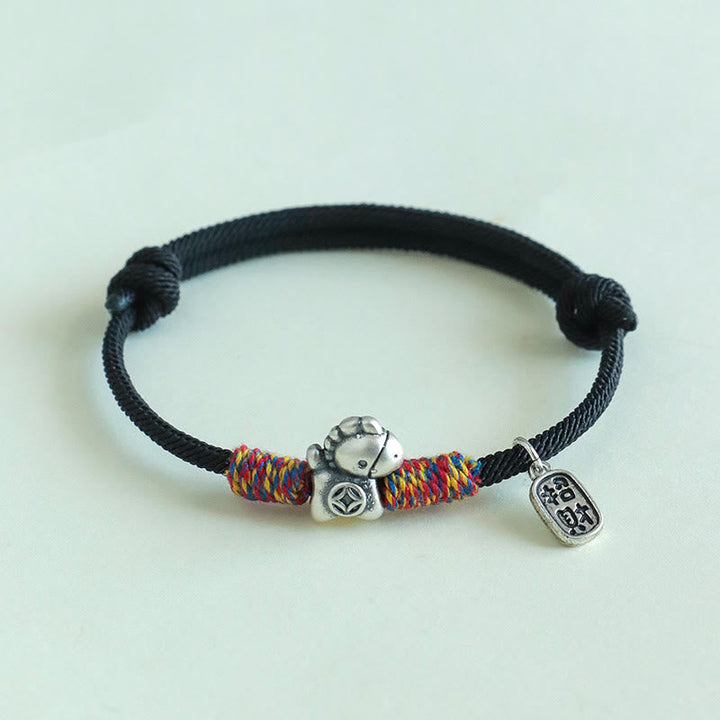 Armband Silber 999 Pferd-Motiv Fu-Zeichen Glück Wohlstand geflochten schwarz