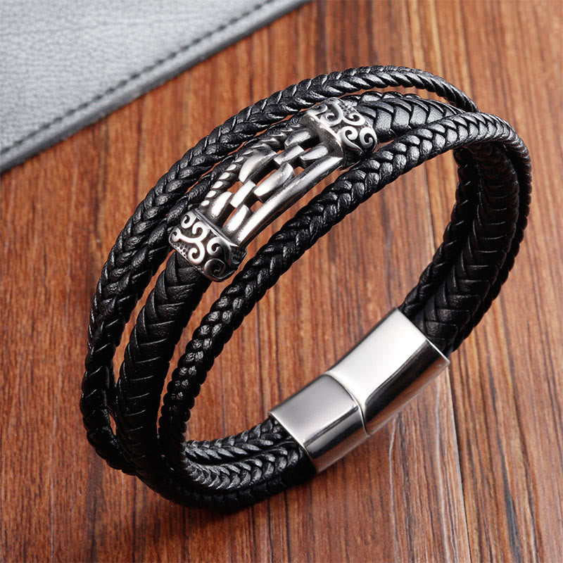 Schwarzes Leder Chain Link Armband Balance Metallverschluss Buddhastil Handgelenk
