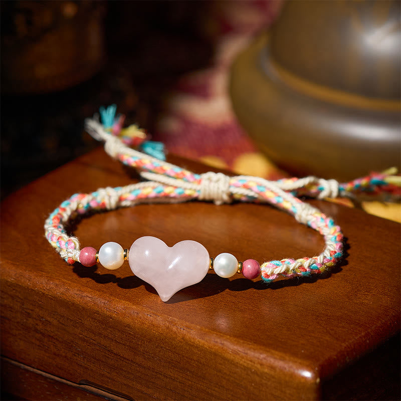 Armband Kristall Liebe Wärme Rosenquarz Herz Perlen geflochten Handgelenk