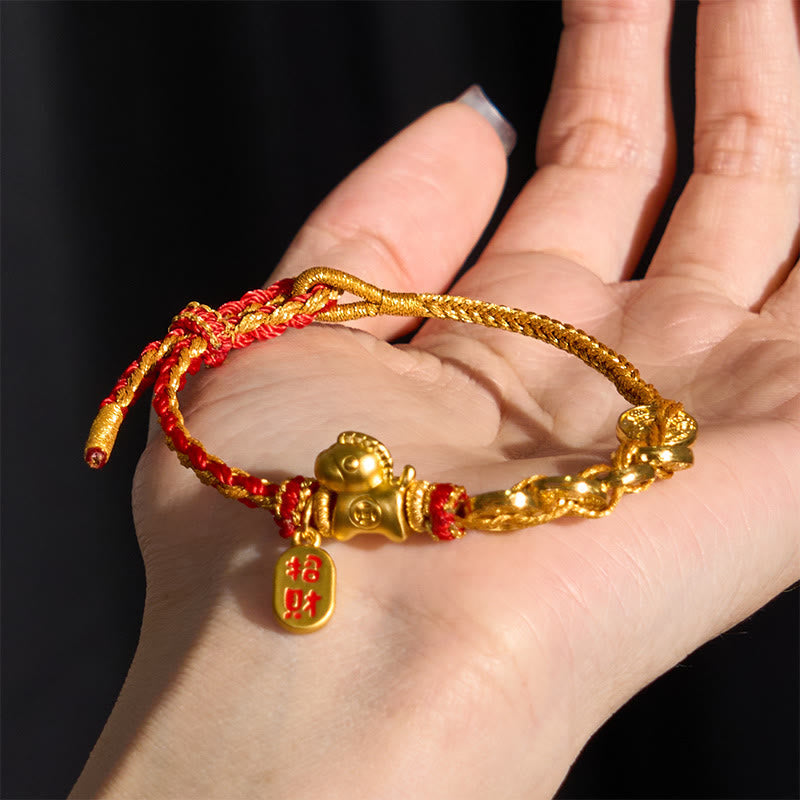 Armband Jahr Des Pferdes Rot Gold geflochten mit Pferd Anhänger Glück
