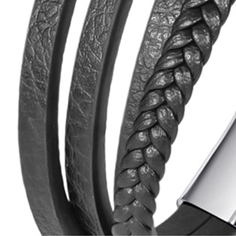 Armband Böses Auge Balance schwarzes Leder geflochten Edelstahl Verschluss Detailaufnahme
