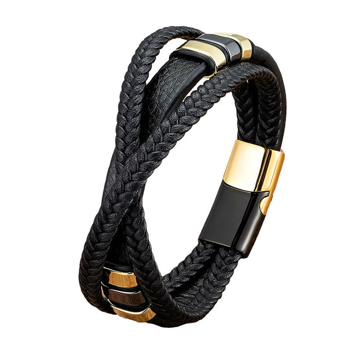 Armband Leder Titan Balance schwarz geflochten goldener Magnetverschluss Herren Handgelenk