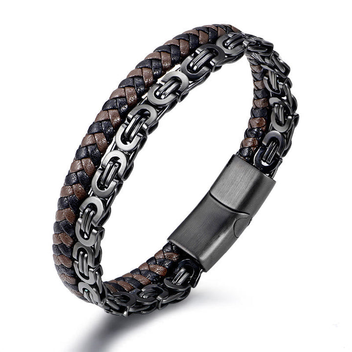 Armband Leder Link Chain – Balance geflochten schwarz braun Edelstahl Magnetverschluss
