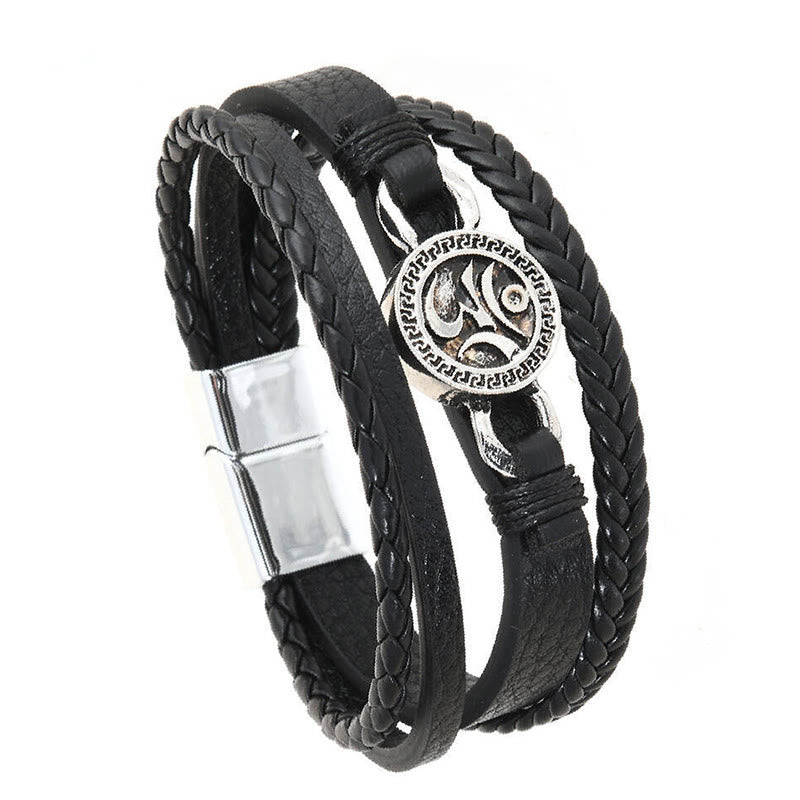 Armband Om Graviert Layered Geflochten schwarzes Leder Magnetverschluss Herren Schmuck