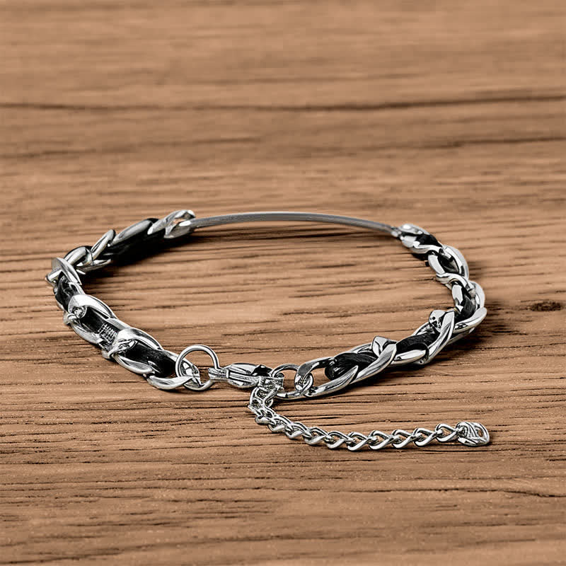 Armband Chain Leder Inlay Bar Plate Stärke Edelstahl Herren Holz