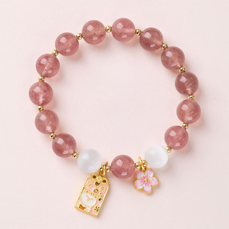 Armband Erdbeerquarz Pfirsichblüte Glück Heilung mit Glücksbringer und Blütenanhänger